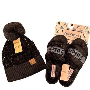 Bundle Offer Juicy Couture Black Fuzzy Slides Sz 6.5-7.5, CC Black Sequin Beanie